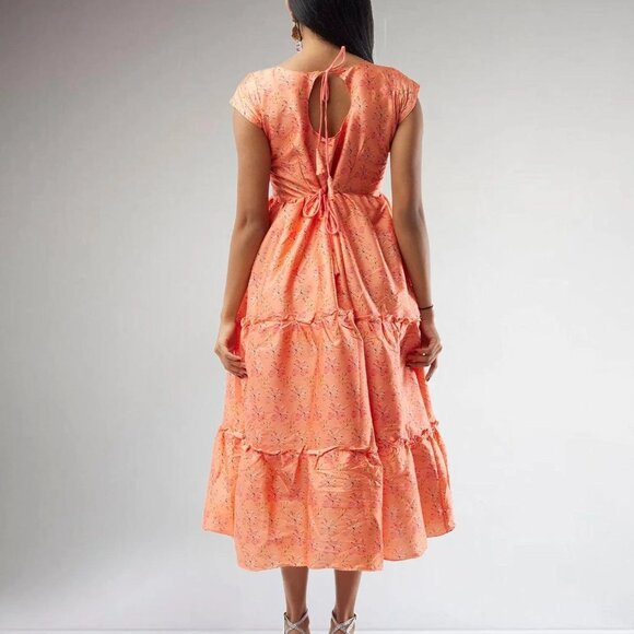 Orange Printed Silk Knee-Length Tiered Dress | Muvvas Boutique - Picture 5 of 5
